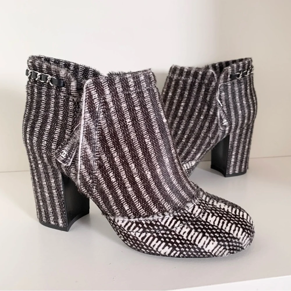 Chanel pony hair chain logo zipper booties